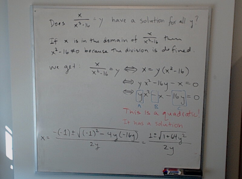 Range of x/(x^2-16) A photo of a whiteboard titled: Range of x/(x^2-16)