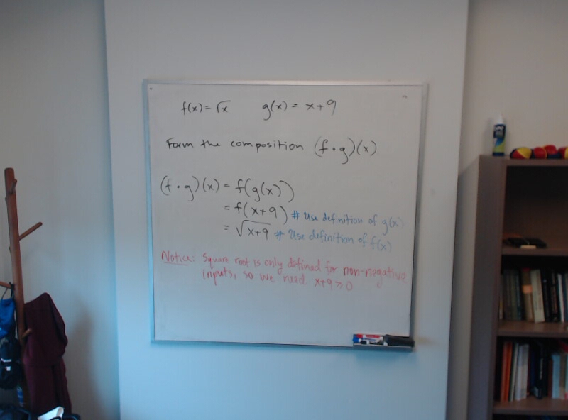 Composition of sqrt(x) and x+9 A photo of a whiteboard titled: Composition of sqrt(x) and x+9