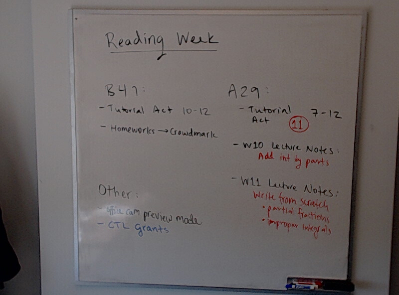 Reading Week Todo A photo of a whiteboard titled: Reading Week Todo