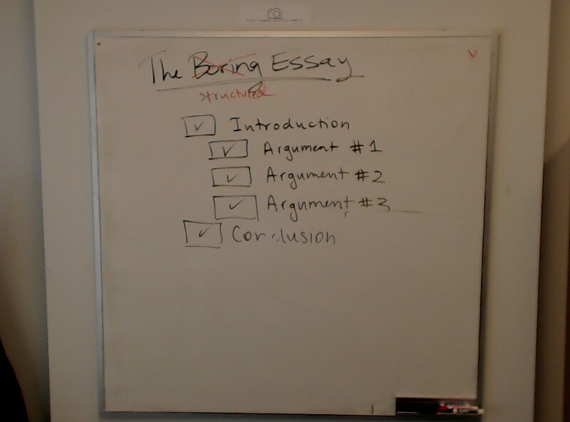 The (Boring) Structured Essay A photo of a whiteboard titled: The (Boring) Structured Essay
