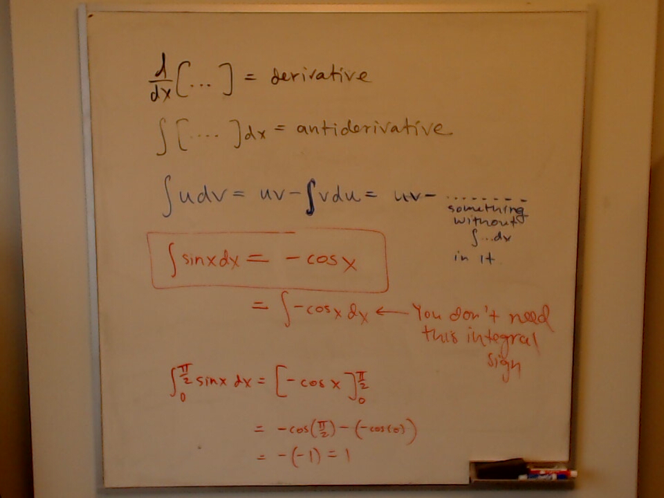 Integration by parts A photo of a whiteboard titled: Integration by parts