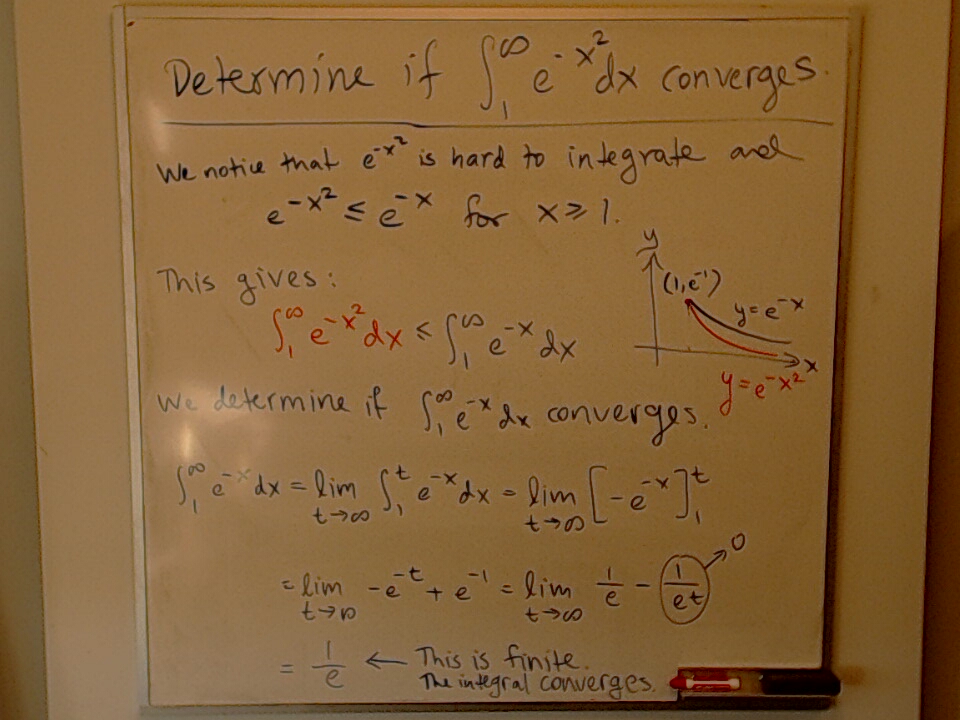 Does the integral of e^{-x^2} from x=1 to x=infty converge? A photo of a whiteboard titled: Does the integral of e^{-x^2} from x=1 to x=infty converge?