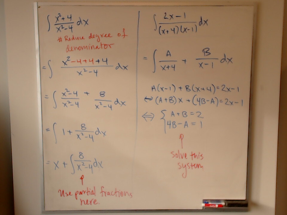 Partial fractions (x^2+4)/(x^2-4) and (2x+1)/(x+4)(x-1) A photo of a whiteboard titled: Partial fractions (x^2+4)/(x^2-4) and (2x+1)/(x+4)(x-1)