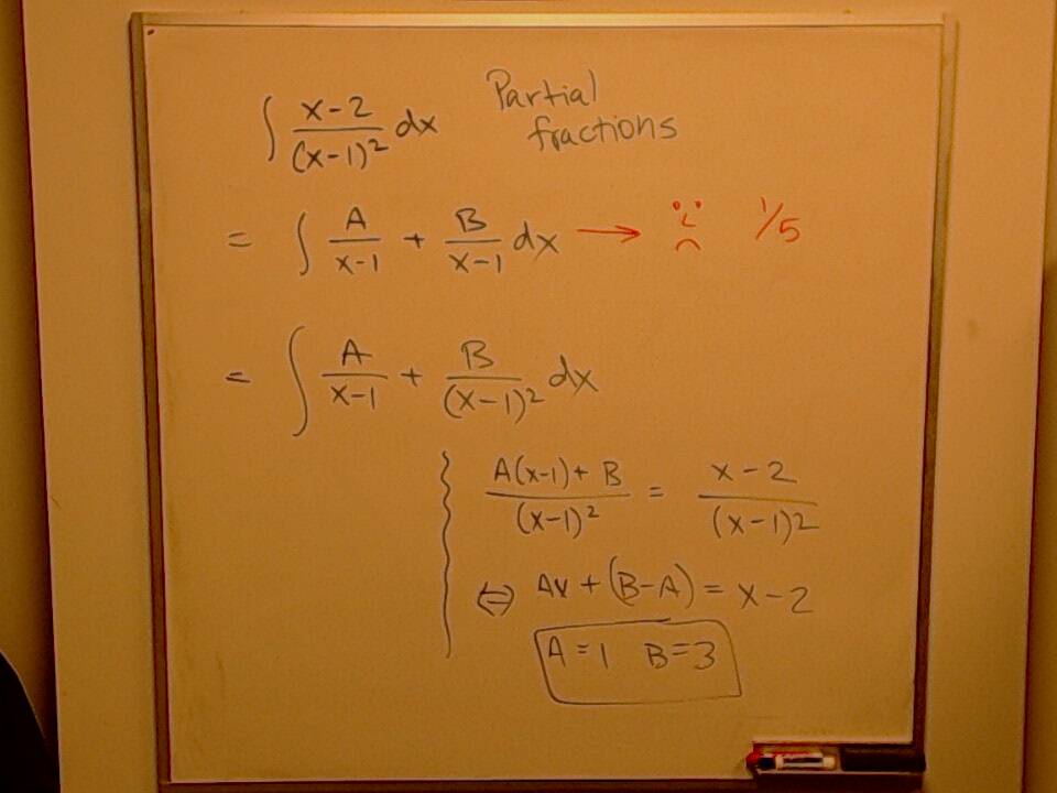 Partial fractions with repeated factor A photo of a whiteboard titled: Partial fractions with repeated factor