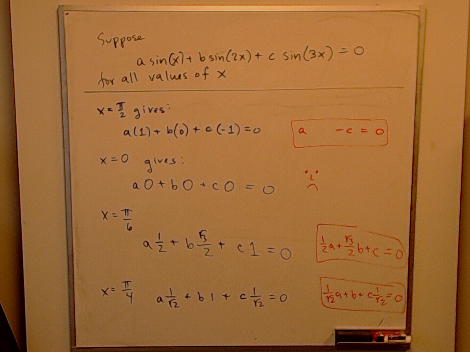 Practice Quiz \#1 Q2 : sin(x), sin(2x), sin(3x) A photo of a whiteboard titled: Practice Quiz \#1 Q2 : sin(x), sin(2x), sin(3x)