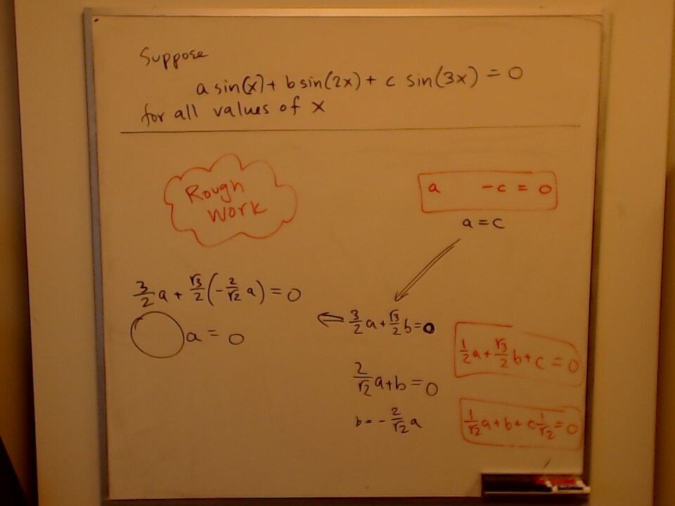A photo of a whiteboard titled: Practice Quiz #1 Q2 : sin(x), sin(2x), sin(3x) : Solving the Linear System