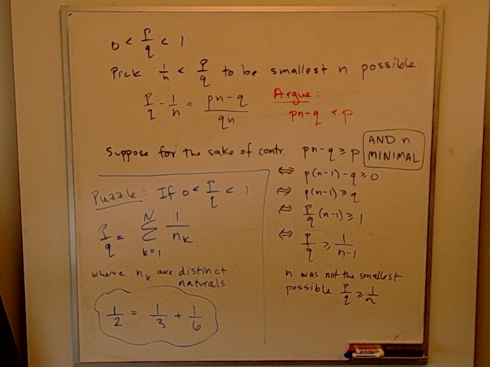 Puzzle: Sum of Reciprocals (continued) A photo of a whiteboard titled: Puzzle: Sum of Reciprocals (continued)