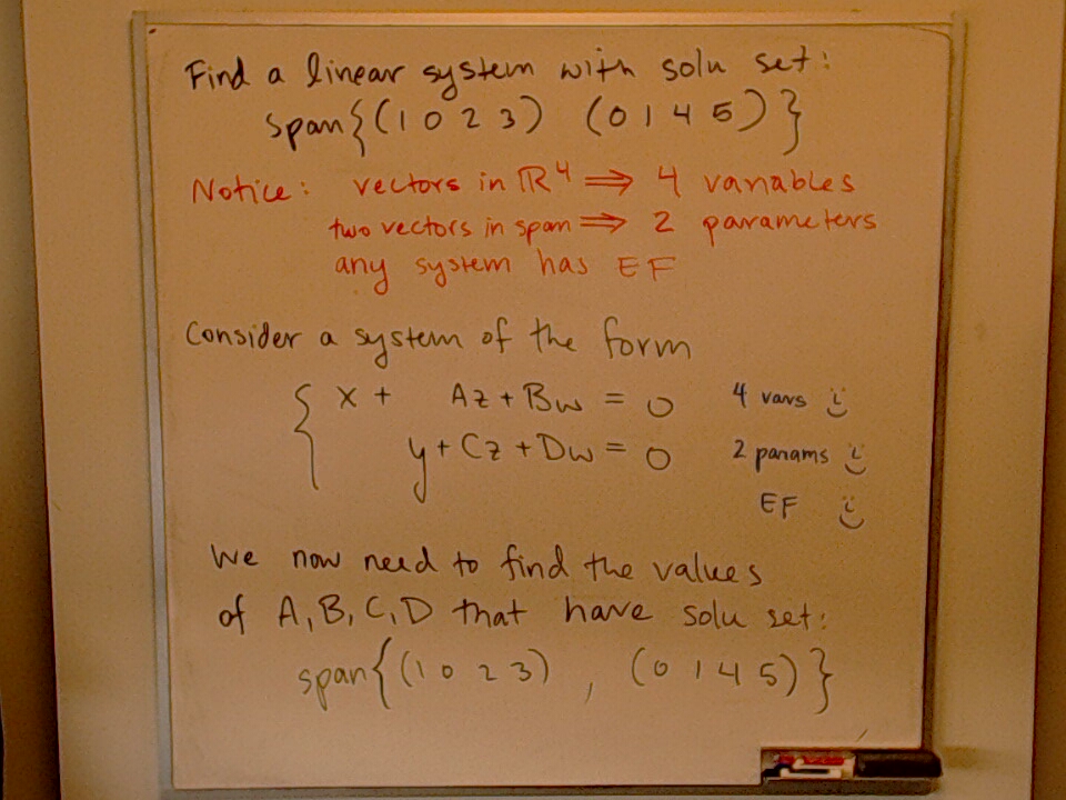 A System with a Particular Solution Set A photo of a whiteboard titled: A System with a Particular Solution Set