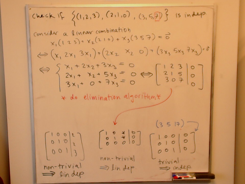 Linear Independence Calculation A photo of a whiteboard titled: Linear Independence Calculation