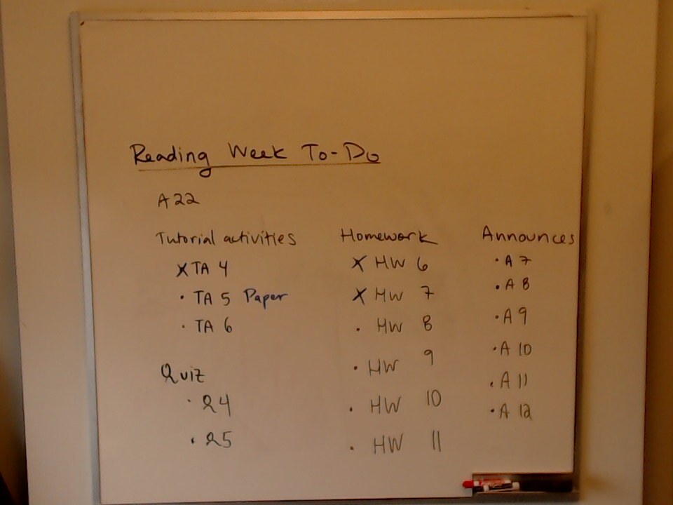 Reading Week A22 Todo A photo of a whiteboard titled: Reading Week A22 Todo