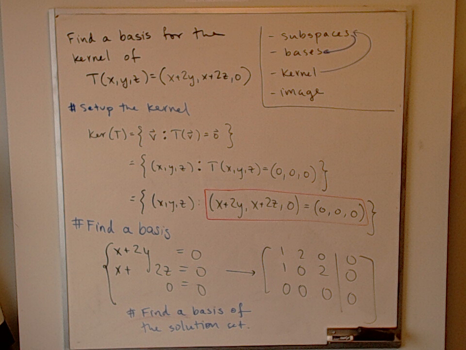 Subspaces / Image / Kernel / Bases (Part 1) A photo of a whiteboard titled: Subspaces / Image / Kernel / Bases (Part 1)