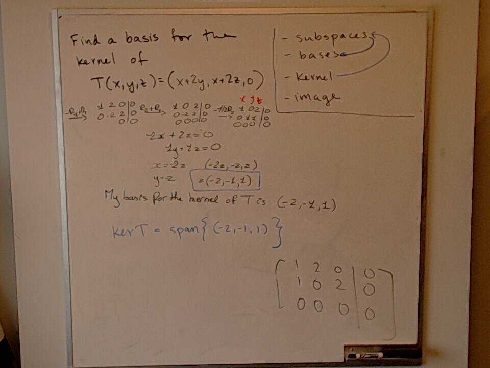 Subspaces / Image / Kernel / Bases (Part 2) A photo of a whiteboard titled: Subspaces / Image / Kernel / Bases (Part 2)