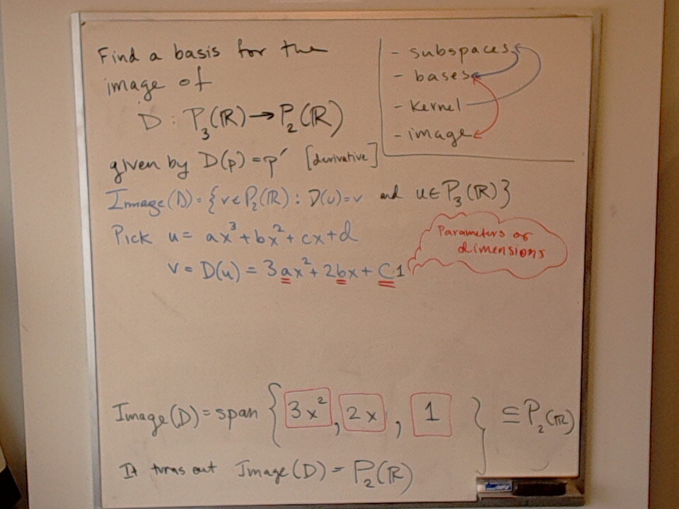 Subspaces / Image / Kernel / Bases (Part 3) A photo of a whiteboard titled: Subspaces / Image / Kernel / Bases (Part 3)