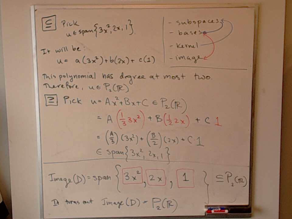 Subspaces / Image / Kernel / Bases (Part 4) A photo of a whiteboard titled: Subspaces / Image / Kernel / Bases (Part 4)