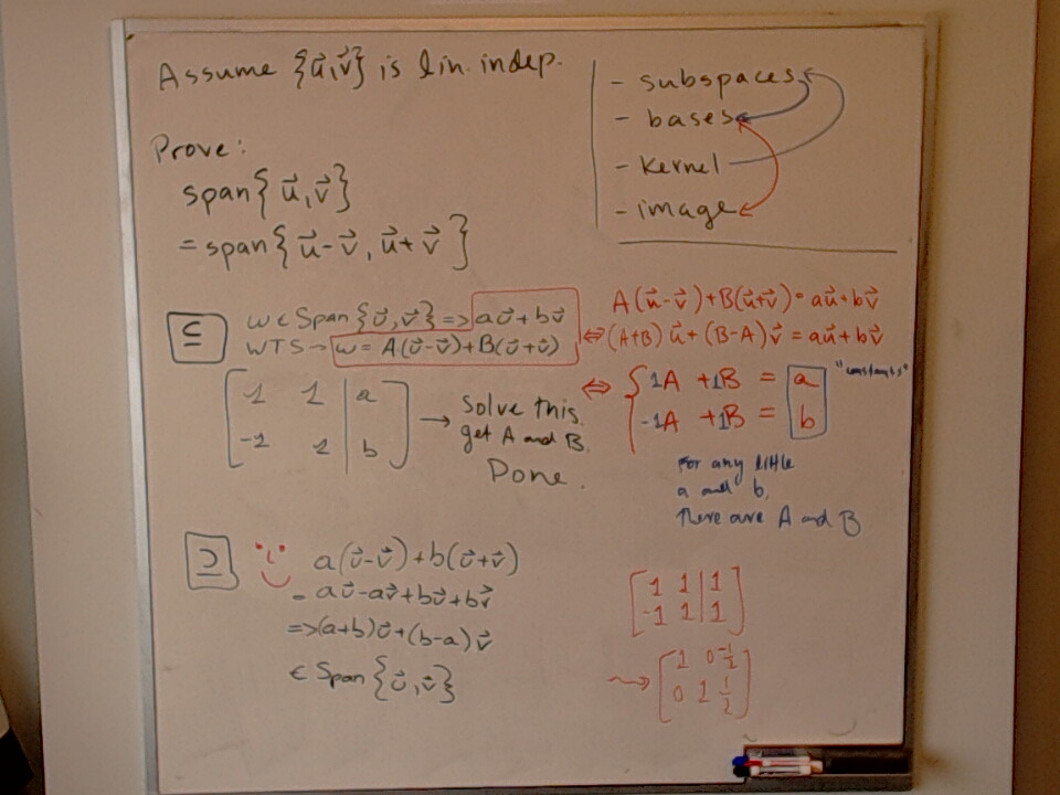 Subspaces / Image / Kernel / Bases (Part 5) A photo of a whiteboard titled: Subspaces / Image / Kernel / Bases (Part 5)