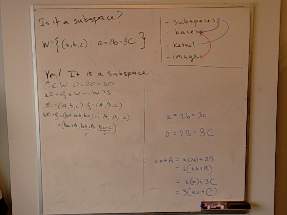 Subspaces / Image / Kernel / Bases (Part 6) A photo of a whiteboard titled: Subspaces / Image / Kernel / Bases (Part 6)