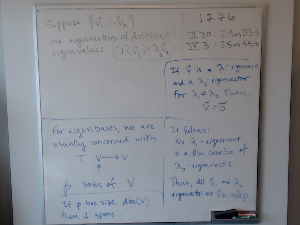 Eigenvectors and Linear Independence A photo of a whiteboard titled: Eigenvectors and Linear Independence