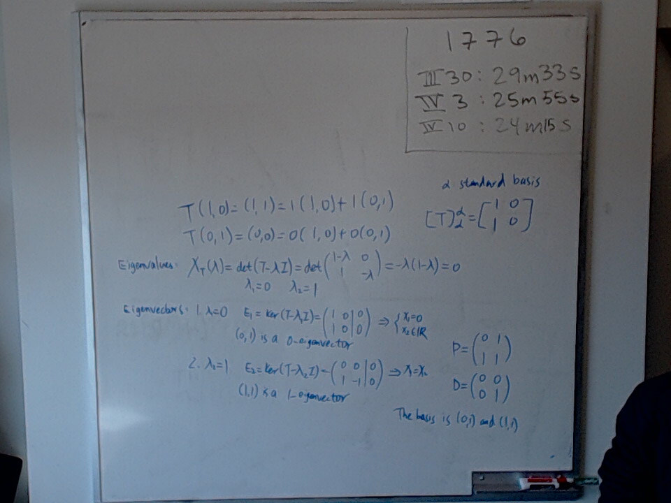 Diagonalize T(x,y) = (x,x) A photo of a whiteboard titled: Diagonalize T(x,y) = (x,x)