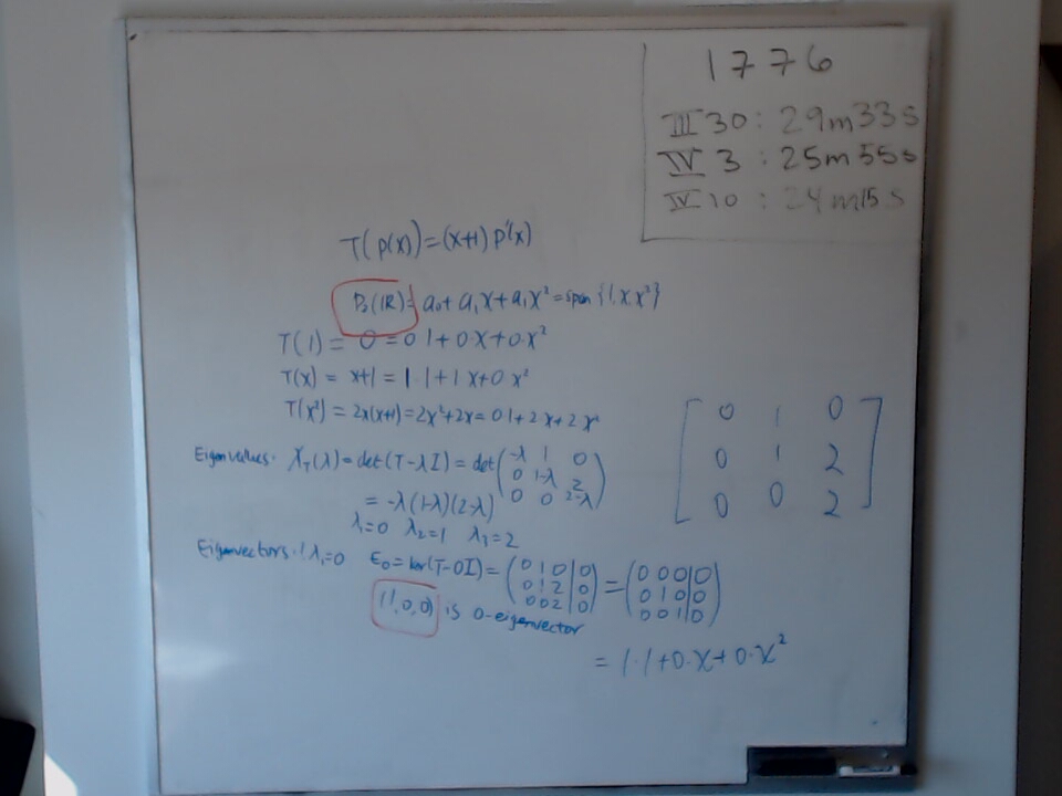 Diagonalize T(p(x)) = (x+1)p'(x) Part 1 A photo of a whiteboard titled: Diagonalize T(p(x)) = (x+1)p’(x) Part 1