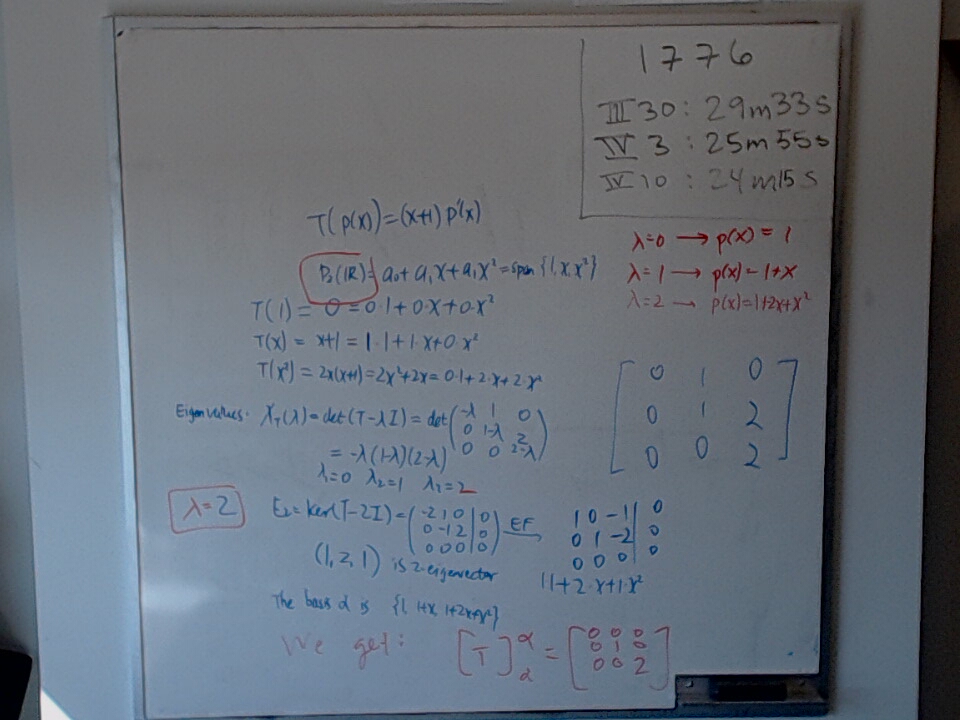 Diagonalize T(p(x)) = (x+1)p'(x) Part 2 A photo of a whiteboard titled: Diagonalize T(p(x)) = (x+1)p’(x) Part 2