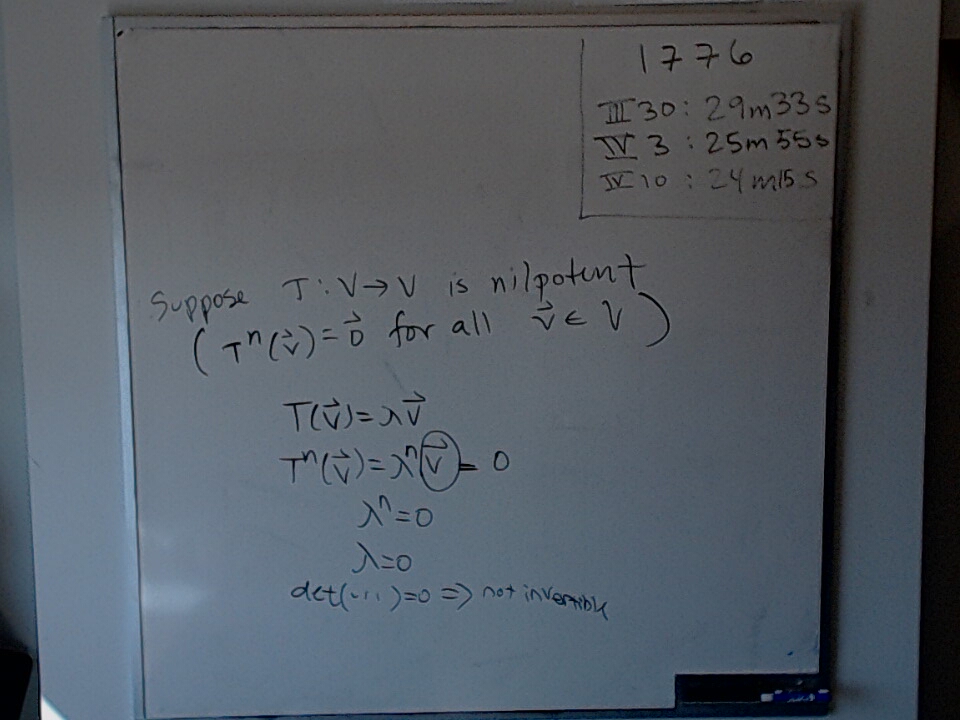 Nilpotent Transformations Are Not Invertible A photo of a whiteboard titled: Nilpotent Transformations Are Not Invertible