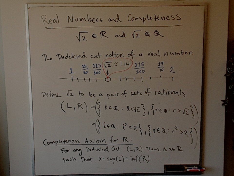 Dedekind Cuts and Completeness of R A photo of a whiteboard titled: Dedekind Cuts and Completeness of R