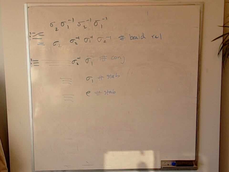 Yulong's Braid Word Reduction A photo of a whiteboard titled: Yulong’s Braid Word Reduction