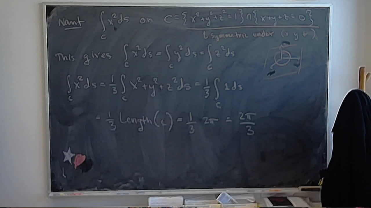 B42: Integral over Sphere Meets Plane via Symmetry A photo of a whiteboard titled: B42: Integral over Sphere Meets Plane via Symmetry