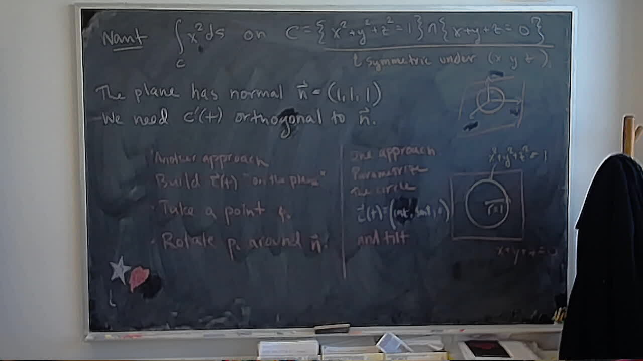 B42: Integral over Sphere Meets Plane: Approach II A photo of a whiteboard titled: B42: Integral over Sphere Meets Plane: Approach II