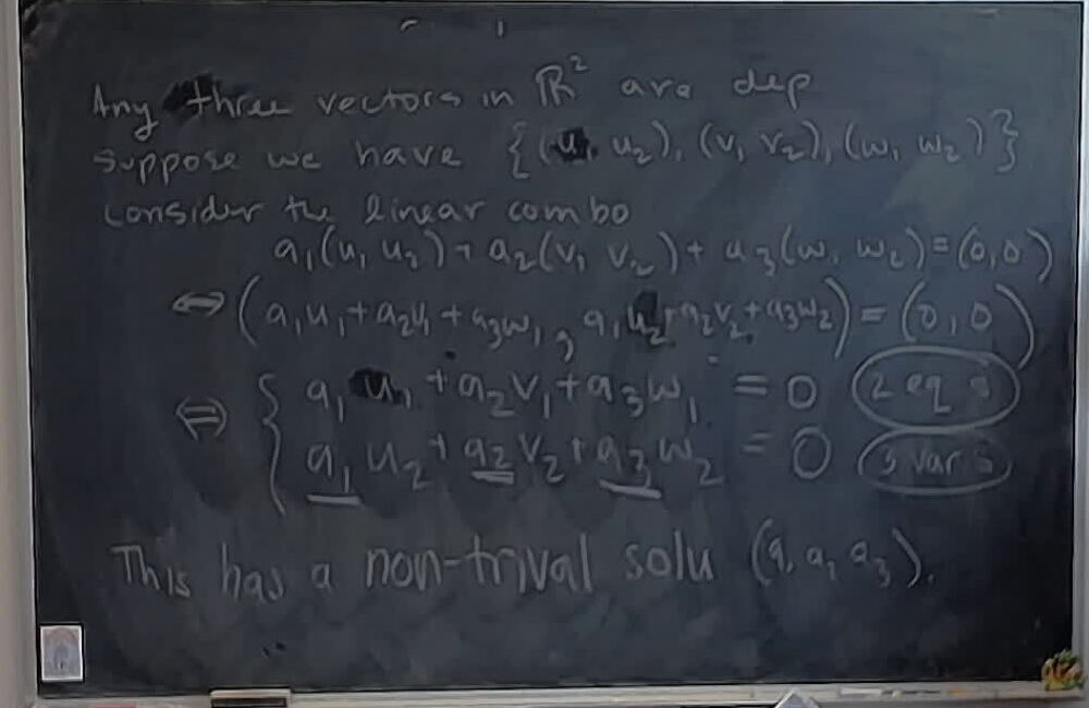 Any three vectors in two-dimensional space are dependent. A photo of a whiteboard titled: Any three vectors in two-dimensional space are dependent.
