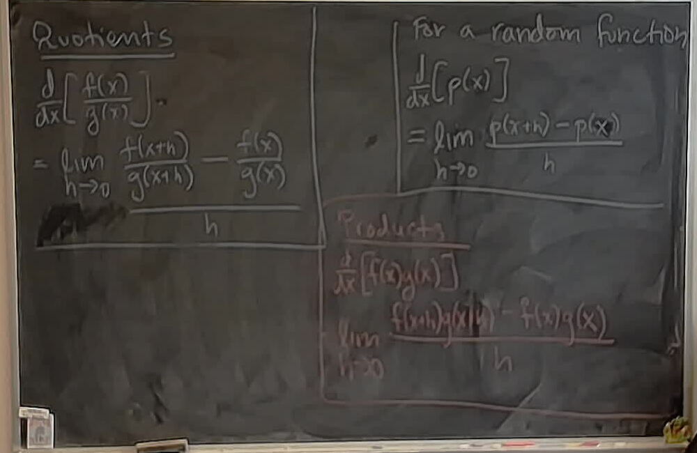 Limit setup for products and quotients A photo of a whiteboard titled: Limit setup for products and quotients