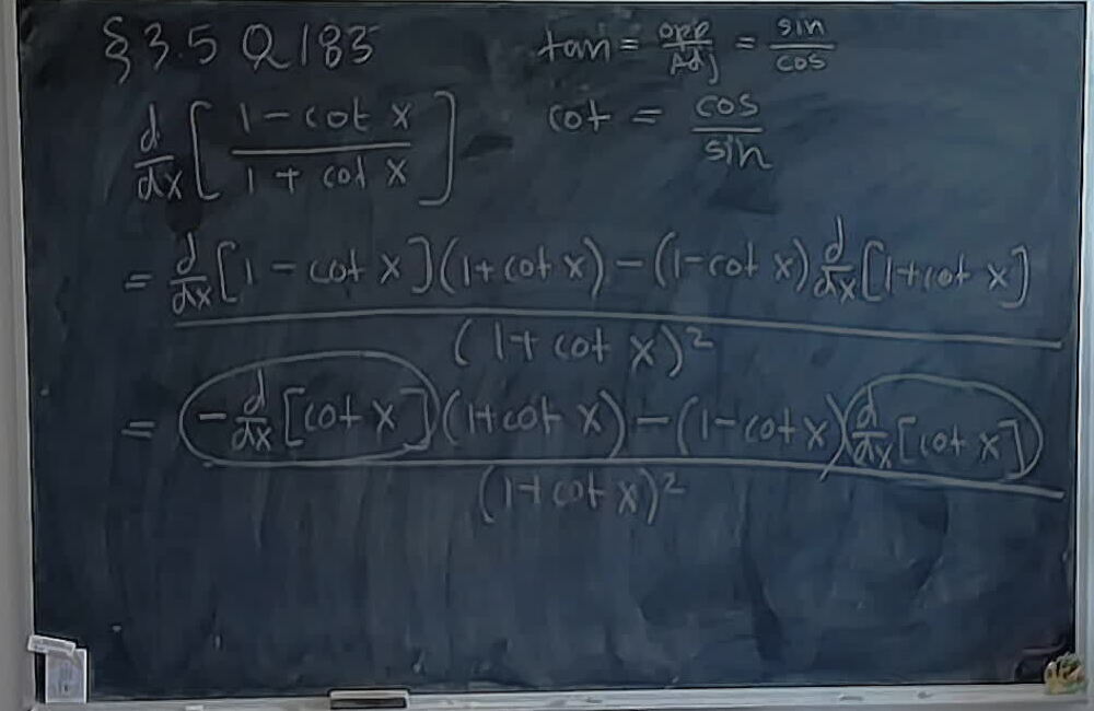 S3.5 Q183: Quotient Rule A photo of a whiteboard titled: S3.5 Q183: Quotient Rule