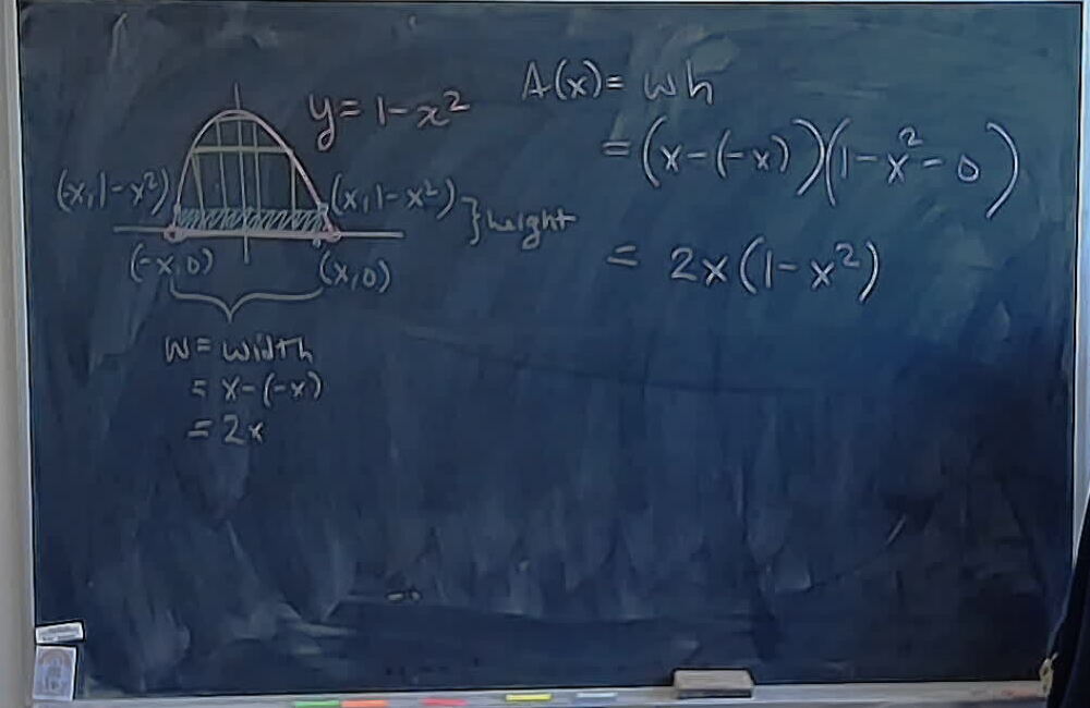 Biggest Rectangle Under Parabola Part 1 A photo of a whiteboard titled: Biggest Rectangle Under Parabola Part 1
