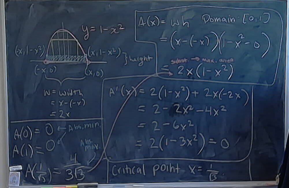 Biggest Rectangle Under Parabola Part 2 A photo of a whiteboard titled: Biggest Rectangle Under Parabola Part 2
