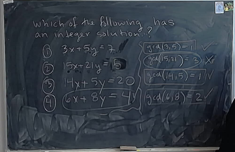 A02 MCQ: Which Diophantine Equation Has a Solution? (Solution) A photo of a whiteboard titled: A02 MCQ: Which Diophantine Equation Has a Solution? (Solution)