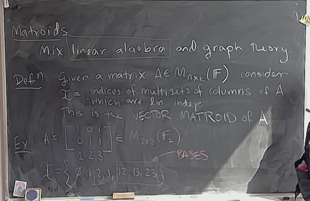 Matroids: Vector Matroids A photo of a whiteboard titled: Matroids: Vector Matroids