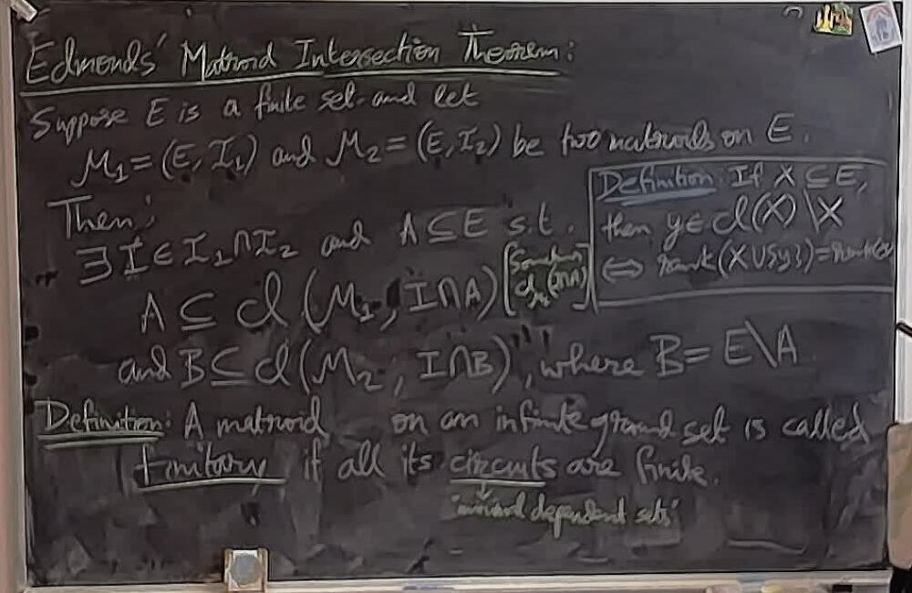 Edmonds Matroid Intersection Theorem A photo of a whiteboard titled: Edmonds Matroid Intersection Theorem