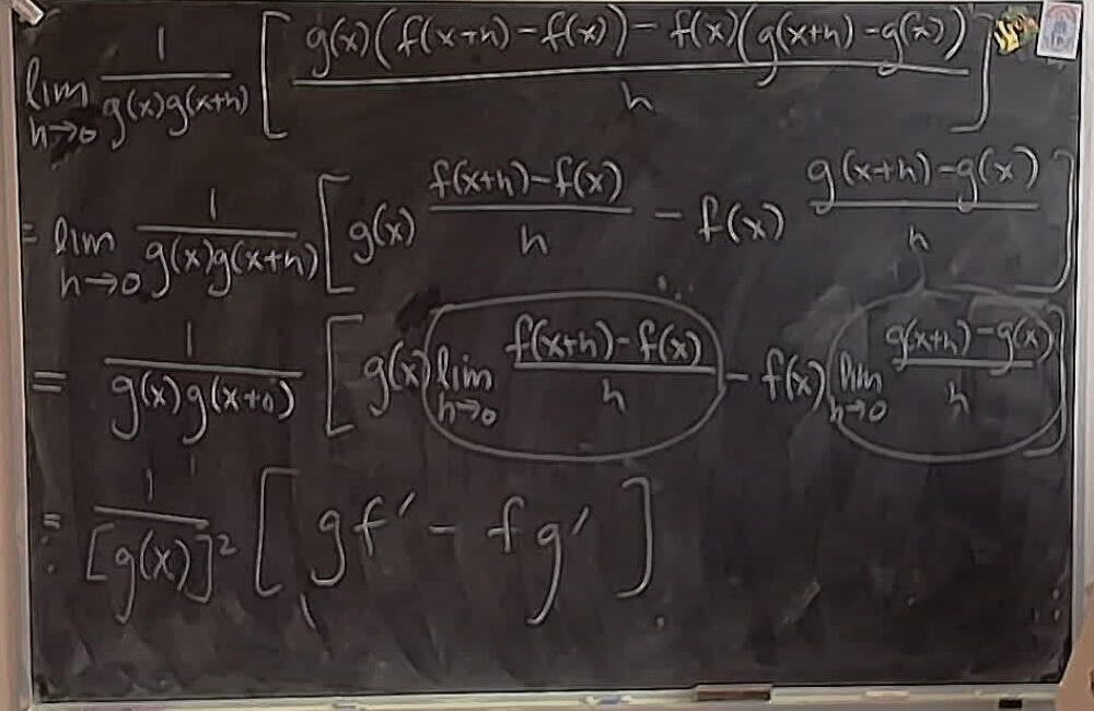 The Quotient Rule Proof A photo of a whiteboard titled: The Quotient Rule Proof