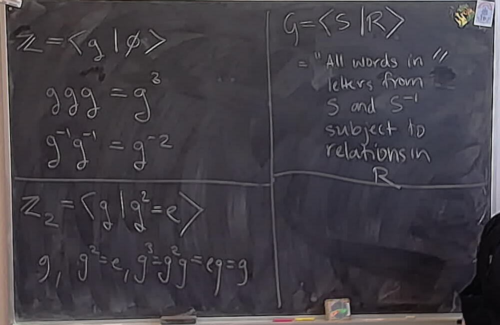 Groups via Generators and Relations A photo of a whiteboard titled: Groups via Generators and Relations
