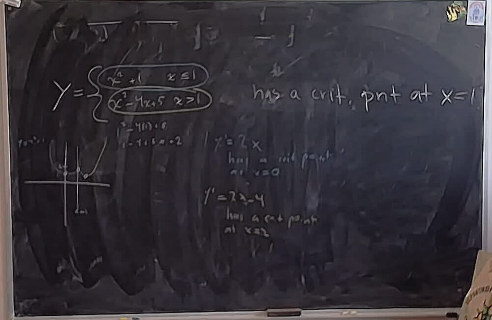 Critical points of piecewise functions. A photo of a whiteboard titled: Critical points of piecewise functions.